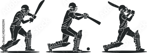 Dynamic Batting Poses, Sports Player Hitting Ball, Game Action, and Professional Cricketer Graphic