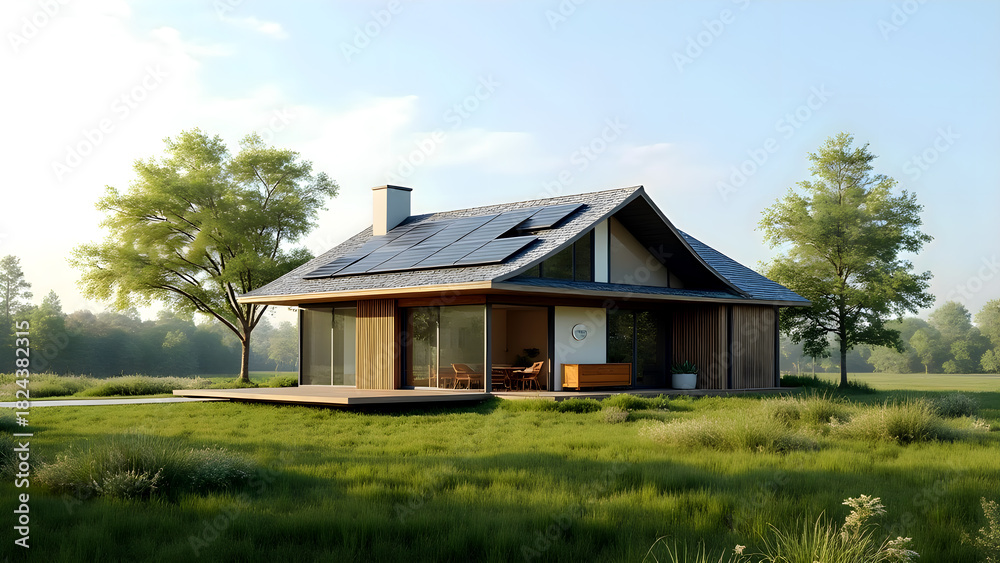 Fototapeta premium Modern Sustainable House Design: Eco-Friendly Home with Solar Panels, Wood Exterior, and Natural Landscape in Sunny Field