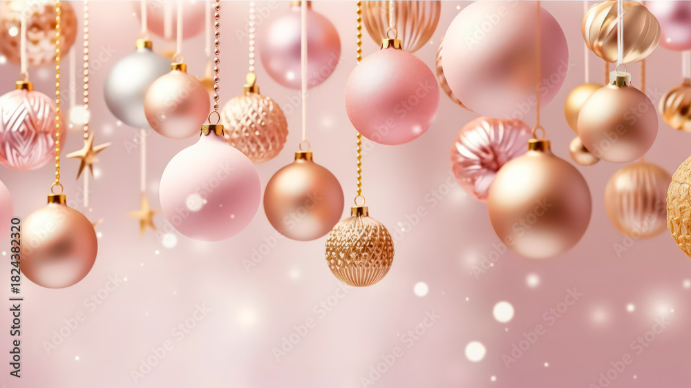 Fototapeta premium Beautiful Pink and Gold Holiday Ornaments Hanging Against a Soft Background of Festive Sparkles