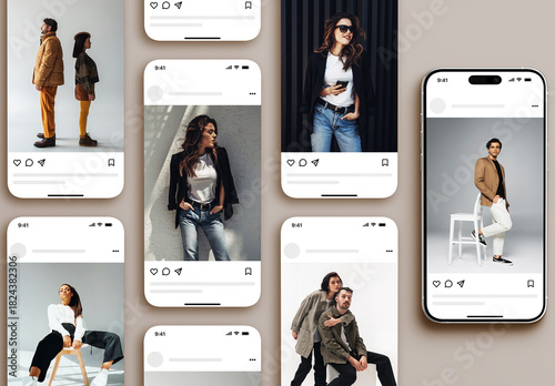 Phone Screen Social Media Post and Stories Feed Mockup Isolated