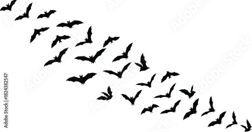 Flying Bat Silhouette Flock Swarm for Halloween Banner, Horror Party Background, Spooky Night Border, and Vampire Concept