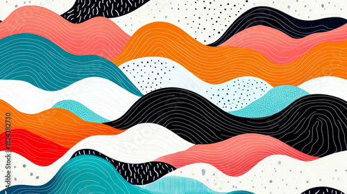 Playful and modern abstract art featuring seamless pattern of undulating colorful layers with hand-drawn lines and scattered dot textures