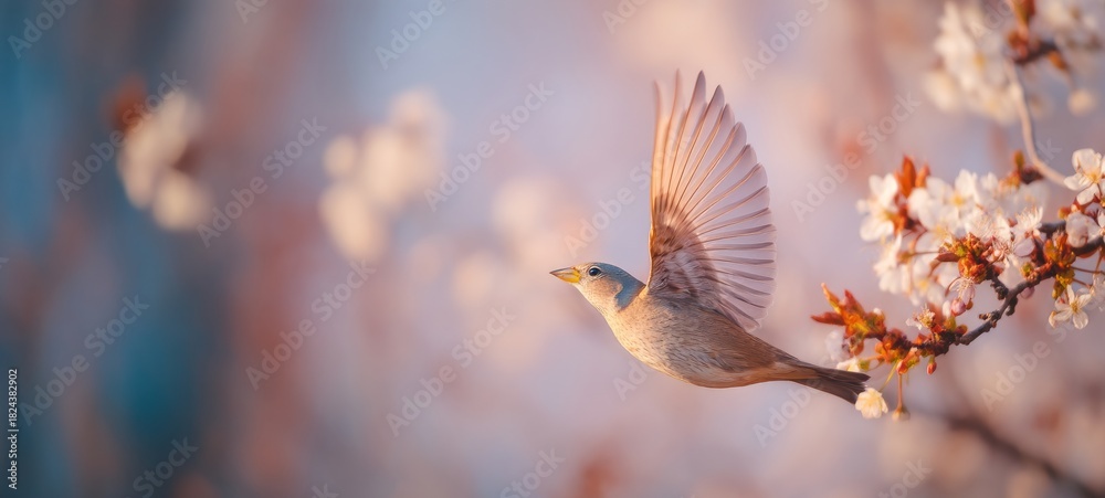 Fototapeta premium Hummingbird in Flight Gathering Pollen from Flower Buds with Spacious Composition and Ample Room for Text