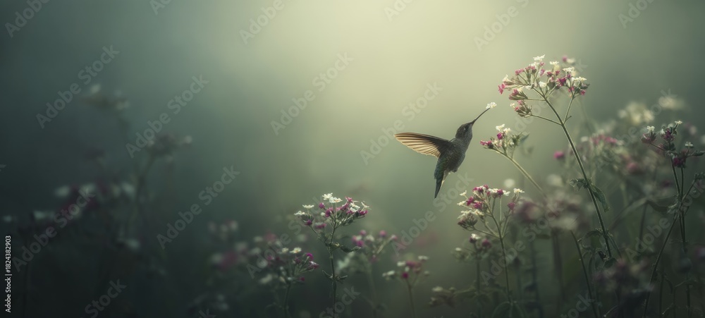 Fototapeta premium Hummingbird in Flight Gathering Pollen from Flower Buds with Spacious Composition and Ample Room for Text