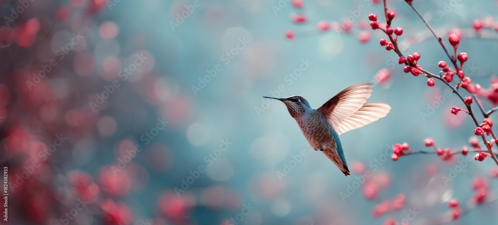 Obraz premium Hummingbird in Flight Gathering Pollen from Flower Buds with Spacious Composition and Ample Room for Text