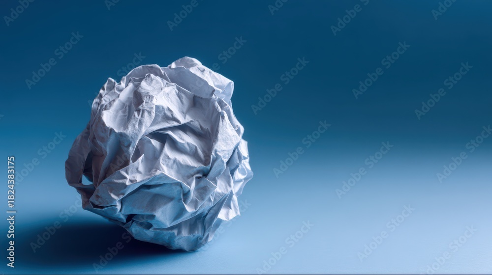 Fototapeta premium Stunning photo of crumpled paper ball on blue surface.