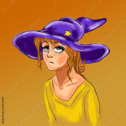 Sad sorceress in a purple hat. Digital illustration.