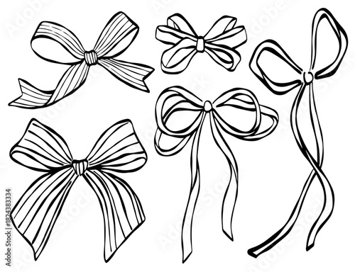 Vector art shows elegant bow decor in a pretty monochrome sketch.
Handdrawn ribbon elements form a stylish decorative collection.
Ornate outline shapes create a festive creative illustration.