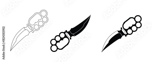 Vector set of brass knuckle knives in outline, partial fill, and solid silhouette styles. Ideal for weapon icons, martial arts, combat gear, or security design use.