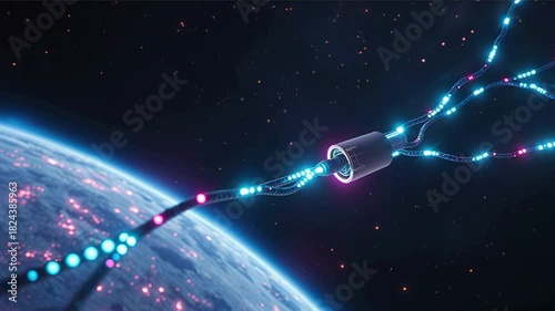 Glowing fiber optic cables in space, emitting blue and pink light, satellite perspective above Earth, static scene