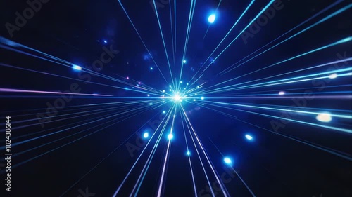 High speed warp drive motion through neon blue and violet streaks in space, bright energy beams converging toward glowing center