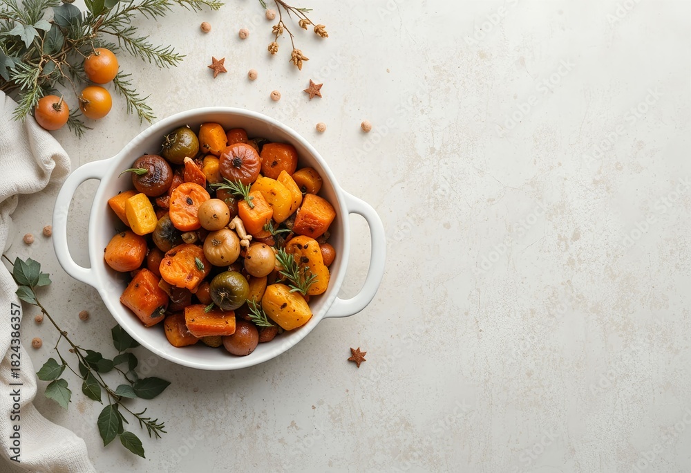 Fototapeta premium Light neutral backdrop with a small cluster of roasted vegetables in a ceramic dish, subtle festive touches, wide negative space for banner layout.