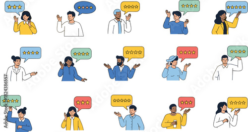 Customer review character set with diverse people giving one to five star ratings in speech bubbles