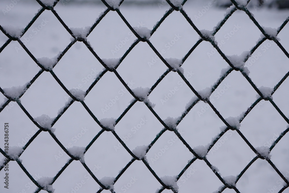 Fototapeta premium Ein Drahtzaun mit Schnee bedeckt, Nahaufnahme, mit verschneitem Hintergrund. Die Nahaufnahme betont die Metallstruktur und winterliche Atmosphäre.