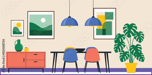 Modern dining room interior with colorful chairs, pendant lights, red sideboard, framed artwork, and potted plant