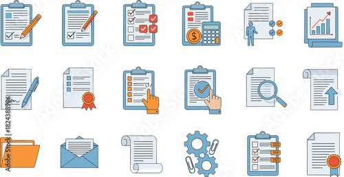 Office and document icon set with clipboards, charts, folders, envelopes, checklists, gears, and magnifying glass illustrations