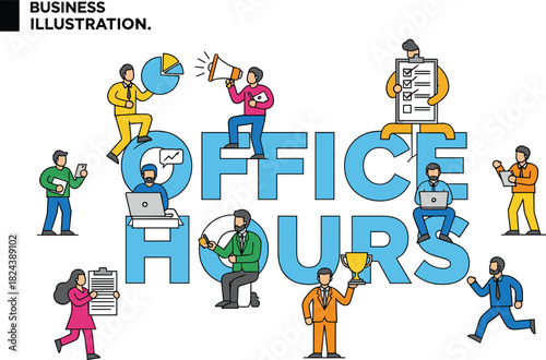 Office hours business illustration with diverse characters performing workplace tasks like presenting, analyzing, communicating, and working on laptops
