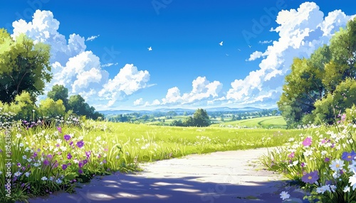 Fototapeta Naklejka Na Ścianę i Meble -  A scenic path winds through a vibrant green meadow filled with colorful wildflowers. Rolling hills and trees stretch into the distance under a bright blue sky d