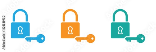 Vector flat key and lock isolated on white background. Colorful lock icons for website security or data protection, a simple visual metaphor symbolizing privacy, access control and safety.  