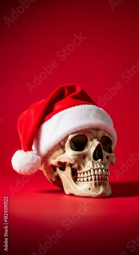 Halloween skull with santa hat on a festive red background