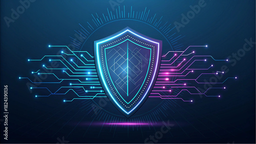 Cybersecurity shield protecting data with electronic circuit design for a secure online presence, guarding against digital threats and offering digital safety