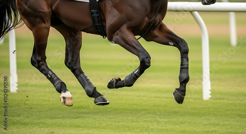 Close-up of a racehorse's powerful legs galloping on a green track during a competition.