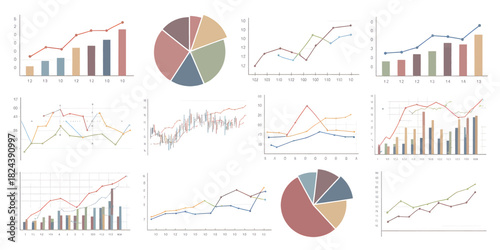 Collection of business charts and graphs including line graphs bar graphs and pie charts ideal for data visualization and presentation design