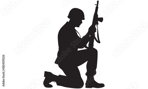 Powerful silhouette of a kneeling soldier holding a rifle, symbolizing honor, courage, and remembrance. Perfect for military, veteran, or memorial designs.