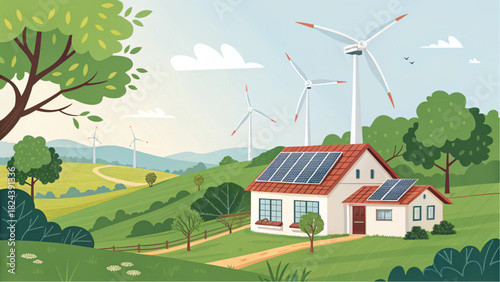 Sustainable living in a clean energy landscape with solar panels and wind turbines, envisioning a bright future of environmental responsibility and green energy