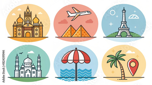 Explore iconic global destinations with whimsical travel illustrations perfect for blogs, apps, and websites inspiring wanderlust and adventure today