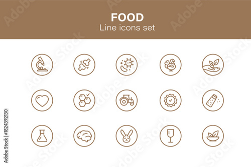 Outline icons about food, nutrition and shopping. Set of icons marketing, research, quality control, various food, drinks and agriculture. linear pictograms.