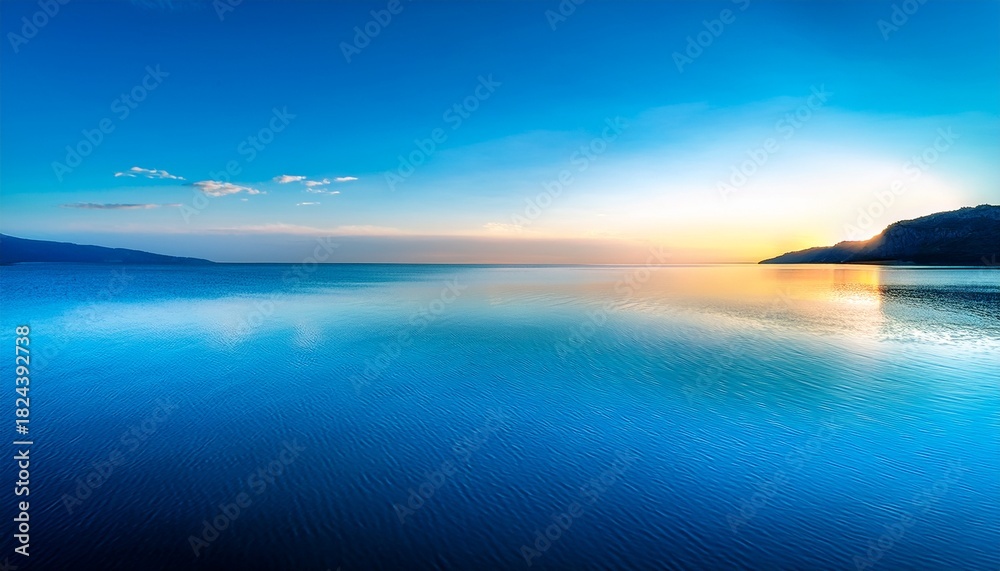 Fototapeta premium Deep Cobalt Blue Ocean Waters Reflected In A Still Lake Surface With Cerulean Hue At Sunset