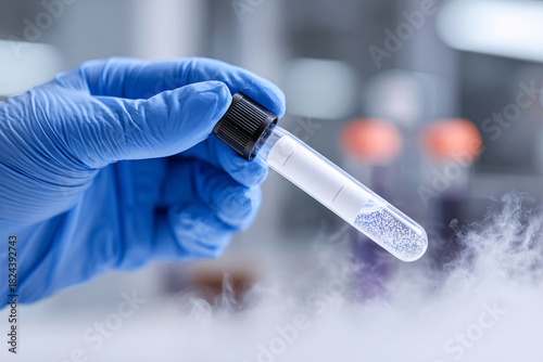 Gloved hands hold a vial with cryopreserved eggs, highlighting fertility preservation