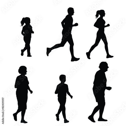People Walking and Running Silhouette Set Vector Illustration, Individuals of Various Ages Engaging in Exercise