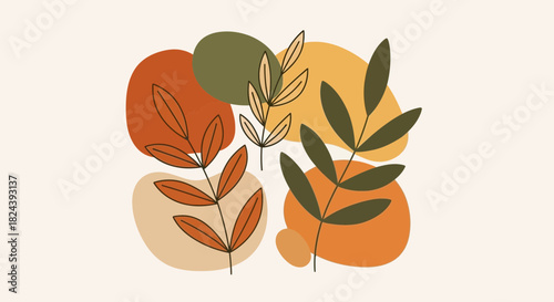 Warm earthy botanical design for fall, showcasing autumnal colors and organic shapes, perfect for modern invitations or seasonal promotions in boho style