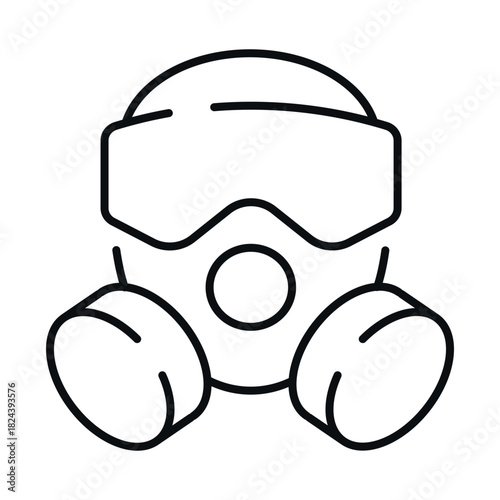 Linear icon of a gas mask designed to protect the respiratory tract in hazardous environments from harmful substances.