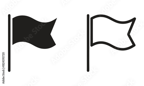 Simple black solid and outline flag icons, perfect for web design elements, user interface, or indicating a specific location, goal, or achievement, isolated on white background.