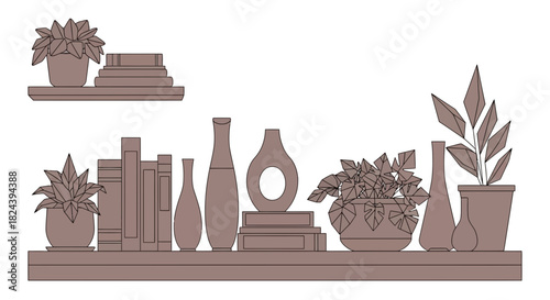 Stylish shelf decor with potted plants, books, and vases, adding a touch of nature and sophistication to any interior space with a modern design aesthetic