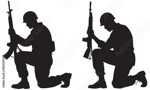 Powerful silhouette of a kneeling soldier holding a rifle, symbolizing honor, courage, and remembrance. Perfect for military, veteran, or memorial designs.