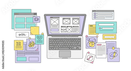Streamlined UI UX design process on laptop with creative wireframes and user interface elements, perfect for web design project planning and brainstorming