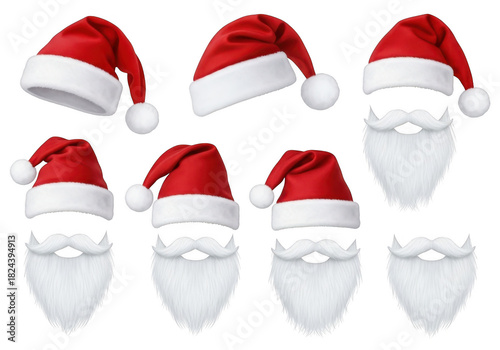 Collection of santa hats and beards isolated on transparent background