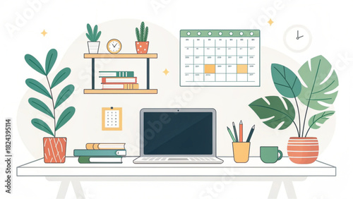 Organized workspace illustration showing a modern laptop, potted plants, calendars, and books creates a clean and productive home office aesthetic
