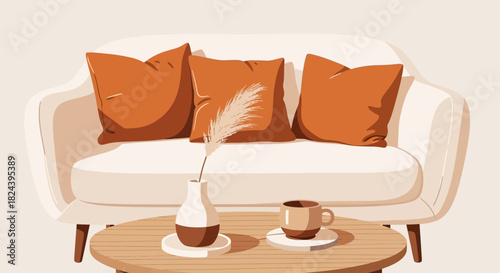 Elegant living room scene with sofa, cushions, coffee cup, and vase, perfect for interior design mockups and stylish lifestyle visuals, originally a vector graphic