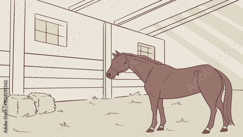 A brown horse standing inside a stable with hay bales and a window in the background illustration