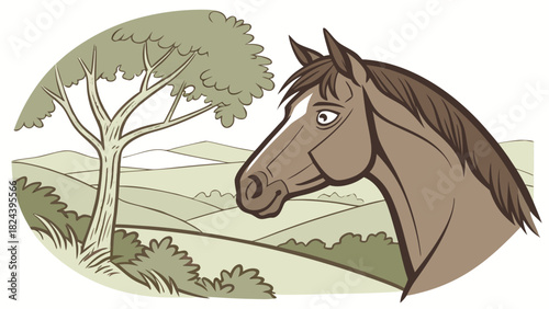 Illustration of a horse head with a tree and rolling hills in the background in muted colors