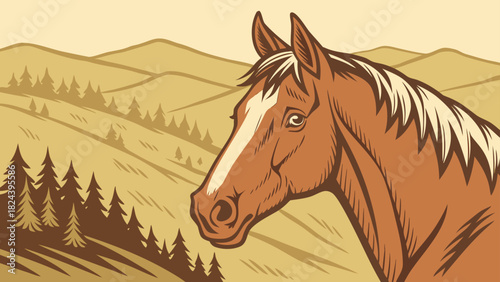 Illustration of a horse head with a white blaze against a hilly landscape with pine trees