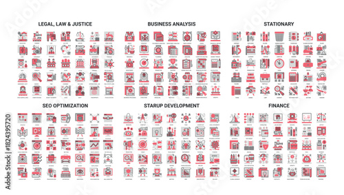 Comprehensive collection of modern line icons for business, law, finance, startup, SEO, and office stationery, perfect for web, apps, and presentations isolated on white background vector illustration