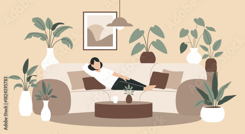 Relaxing at Home: Modern Woman Lounging on Sofa Surrounded by Plants, Perfect for Interior Design Blogs or Peaceful Lifestyle Content, Originally a Scalable Graphic