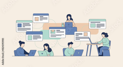 Collaborative team working remotely, innovative web design workflow and digital projects, connecting employees with laptops, modern team dynamic, vector