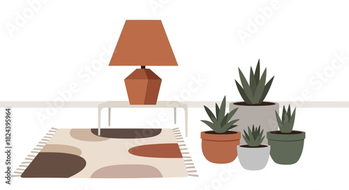 Stylish living room scene featuring a modern lamp on a table, a patterned rug, and various potted plants, creating a cozy and inviting interior design